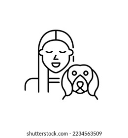 Pretty young girl and her beagle puppy. Happy dog owner icon. Pixel perfect, editable stroke