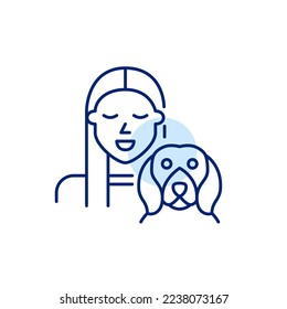 Pretty young girl and her beagle puppy. Happy dog owner icon. Pixel perfect, editable stroke art