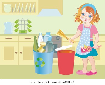 Pretty young girl holding blue recycle bin