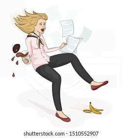 Pretty young girl with hot coffee and documents in hands slipped on a banana peel and falling down in the office. Cartoon vector character colorful illustration. 