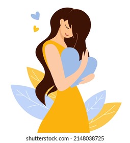 A pretty young girl hugs the blue and yellow heart of Ukraine. Vector isolated design with cute peaceful woman. Template for postcard, banner, landing page. Flat lay close-up with decorative leaves