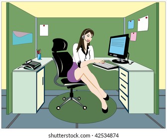 A Pretty Young Girl Inside A Call Center Cubical Office.