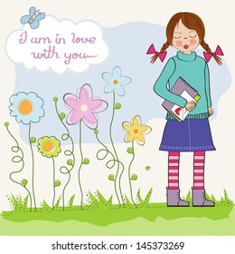 pretty young girl in love, illustration in vector format