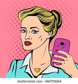 Pretty young girl maks a selfie. Pop art style. Selfie girl. Pop art selfie. Girl selfie. Beautiful girl selfie. Hand drawn selfie. Selfie. Blonde selfie. I like selfie woman. Selfie vector.