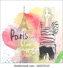 pretty young girl in Paris . vector illustration. watercolor.