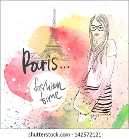 pretty young girl in Paris . vector illustration. watercolor.