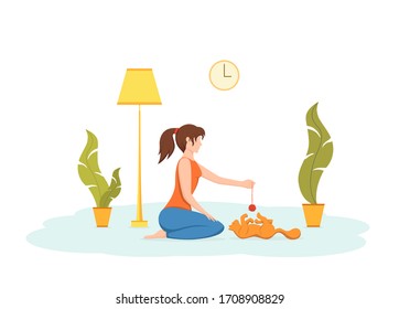 Pretty young girl play with her cat isolated on white background. Cut woman and kitty. Adorable pet owner and funny domestic animal. Colorful illustration in flat cartoon style.