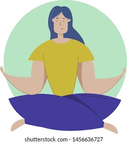 Pretty young girl practices yoga in the lotus position. Meditation and relaxation poster. Vector illustration