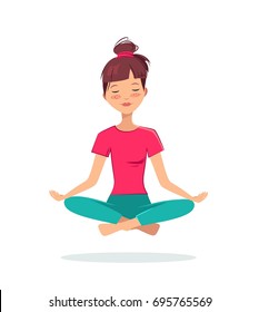 Pretty young girl practices yoga in the lotus position. Meditation and relaxation poster. Vector illustration