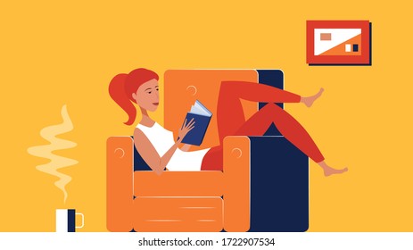Pretty young girl is reading a book while being on isolation. A female is lounging in  cosy armchair in her apartment. Stay at home and studying in comfortable pose. Flat design vector illustration.