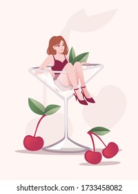 Pretty young girl sitting in empty cocktail glass with cherry berry and green leaves flat vector illustration on white background