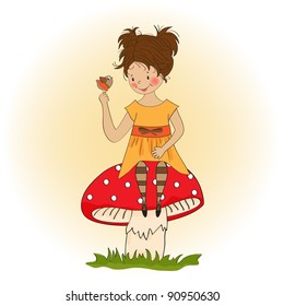 pretty young girl sitting on a mushroom and talking to a little bird
