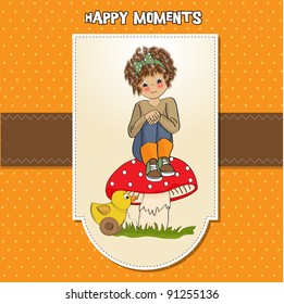 pretty young girl sitting on a mushroom