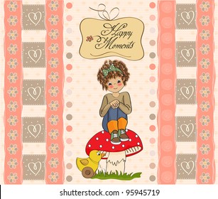 pretty young girl sitting on a mushroom