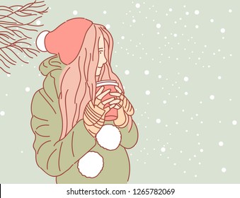 Pretty young girl in stylish green jacket holding cup in hands. Warm soft cozy image. Drinking take away coffee. Breakfast on the go. Vector illustration, line art style.