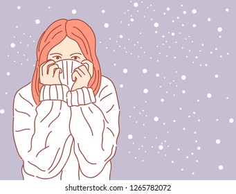 Pretty young girl in stylish white sweater. Warm soft cozy image. Vector illustration, line art style.