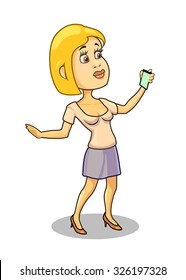 Pretty young girl taking a self photo with mobile phone.  Vector illustration