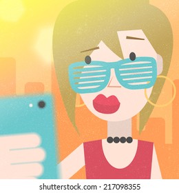 Pretty Young Girl Taking a Selfie Photo with smart phone. Vector Trendy Flat Illustration