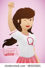 Pretty young girl with withe shirt with woman's symbol stamp and her hand in high for Women's Day celebration.