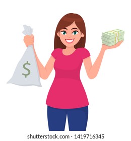 Pretty young girl, woman or female holding/showing money, cash or bunch of currency notes and bag with dollar sign. Modern lifestyle, investment, mutual fund, savings, profit concept illustration.