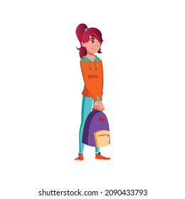 pretty young lady with backpack standing on bus stop cartoon vector. pretty young lady with backpack standing on bus stop character. isolated flat cartoon illustration