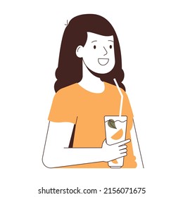 Mujer muy joven bebiendo smoothie. Ilustración vectorial plana.