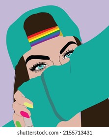 pretty young lesbian long hair wearing hat with rainbow flag sign and cover her face with hand 