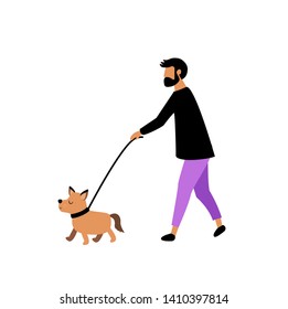 Pretty young man with dog. Cute vector illustration. Dog walking.