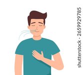 pretty young man. Young man doing breathing exercise. care. Awareness, mindfulness and meditation. Flat vector illustration isolated on white background