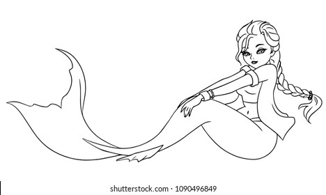Pretty young mermaid. Hand drawn vector illustration. Can be used for coloring book, page, games, cover, cards, tattoo, fashion.