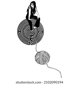 Pretty young modern girl sitting on top of a round spiral maze or labyrinth symbol and yarn ball thread leading to it. Ariadne. Creative concept. Black and white silhouette.