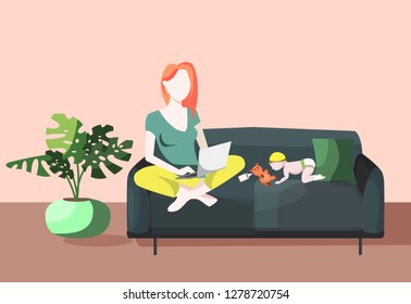 Pretty young mother a freelancer works at a computer at home. Her child is crawling on the couch playing with toys. An independent modern genre. Vector illustration