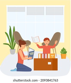 Pretty young mother reading book with son at home, helps him do his homework. Love reading concept. Little boy reading a storybook together with his mom. Mother spending happy family time with child