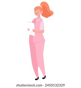 Pretty young nurse wearing pink scrubs and holding clipboard flat illustration