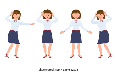 Pretty young office girl shocked, surprised, amazed, under the pressure. Cartoon character design of stressed, worry, nervous, scared lady emotions concept