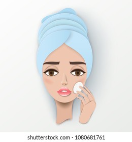 Pretty young paper girl with towel on her head cleaning and care her face. Modern paper cut style, beauty treatment concept