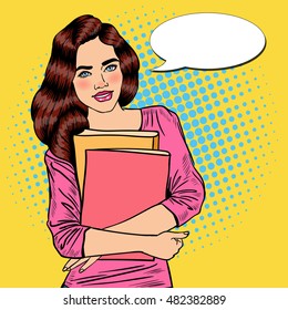 Pretty Young Pop Art Student Girl Holding Books. Vector Illustration