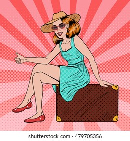 Pretty Young Pop Art Woman Traveler Hitchhiking Sitting on Suitcase. Vector illustration