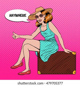 Pretty Young Pop Art Woman Traveler Hitchhiking Sitting on Suitcase. Vector illustration