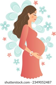 Pretty young pregnant brown hair woman in red dress on floral background