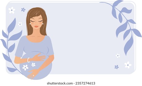 Pretty young pregnant woman with empty custom text background