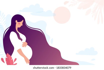 Pretty young pregnant woman. Pregnancy and motherhood. Mommy on the background of nature, simple landscape. Flat vector illustration isolated on white background