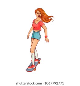 Pretty young redhead woman in denim shorts, summer clothing riding skate board smiling. Beautiful female character, girl skateboarding at vacation. Vector sketch illustration isolated
