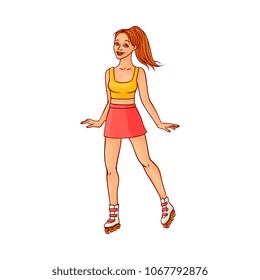 Pretty young redhead woman in red skirt, summer clothing riding roller blade skates smiling. Beautiful female character, girl at vacation. Vector sketch illustration isolated