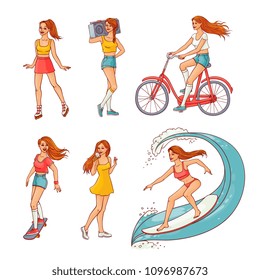 Pretty young redhead women summer leisure activity set. Beautiful female characters, girl surfing in swimsuit, riding bicycle, skateboard, eat ice cream, roller skating, boombox. Vector illustration
