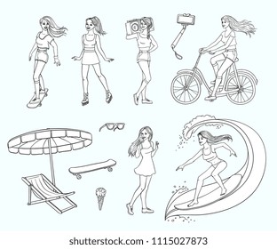 Pretty young redhead women summer leisure activity, equipment set. Beautiful characters, girl surfing, riding bicycle skateboard, eat ice cream, roller skating, boombox. Vector monochrome illustration