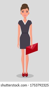 Pretty young slim woman character in business clothes. Smiling business woman standing with a folder in hands. Businesswoman wearing a gray dress and red shoes standing straight at full height