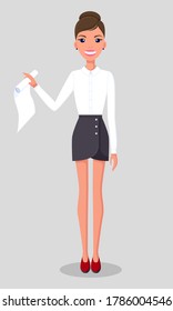 Pretty young slim woman character in business clothes. Smiling business woman standing with a paper document in stretched hand. Businesswoman wearing blouse and skirt standing straight at full height