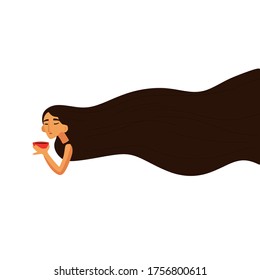 A pretty, young, sweet girl with long brown hair is holding a red mug with a drink in her hand.Vector illustration 