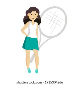 Pretty young tennis player stands with her hips propped up. Female character sportswoman, on the background tennis racket. Cute cartoon vector illustration in flat style.